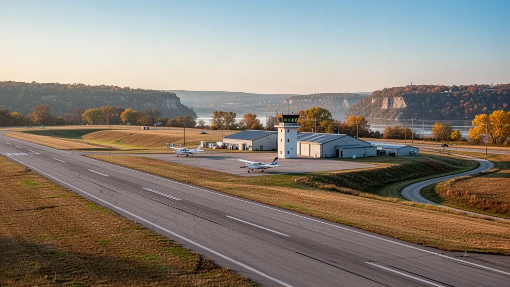 Fort Leavenworth, Kansas'taki Sherman Army Airfield'da sıcak altın saat ışığında pist, kontrol kulesi ve hangarlar