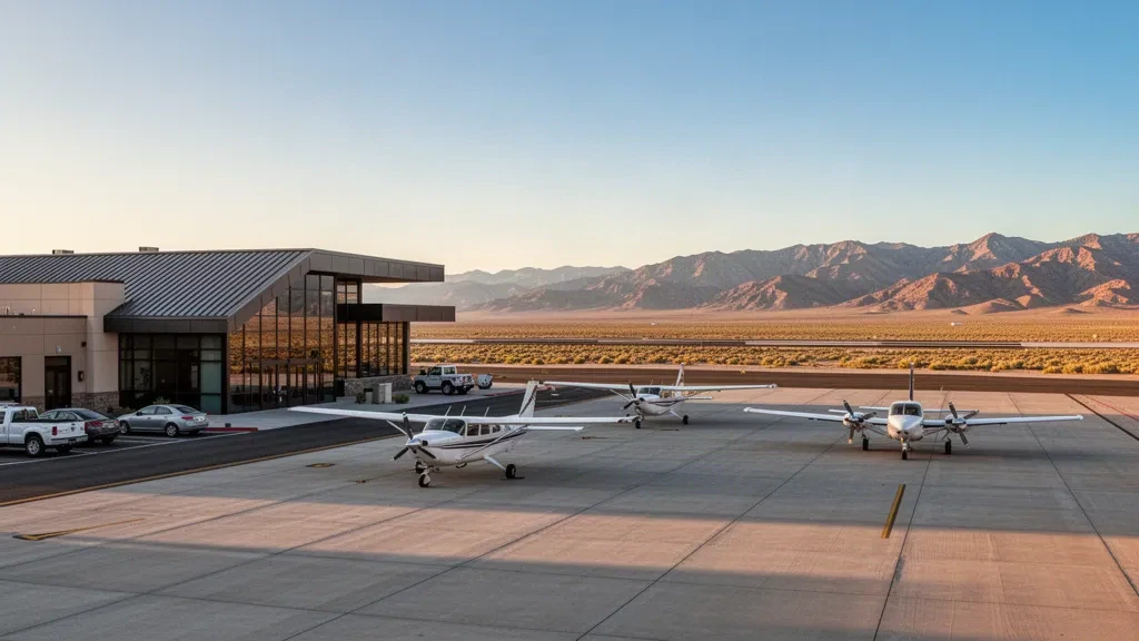 Terminal del Aeropuerto Municipal de Fallon y plataforma de aeronaves en el alto desierto de Nevada, enmarcadas por montañas lejanas a la hora dorada