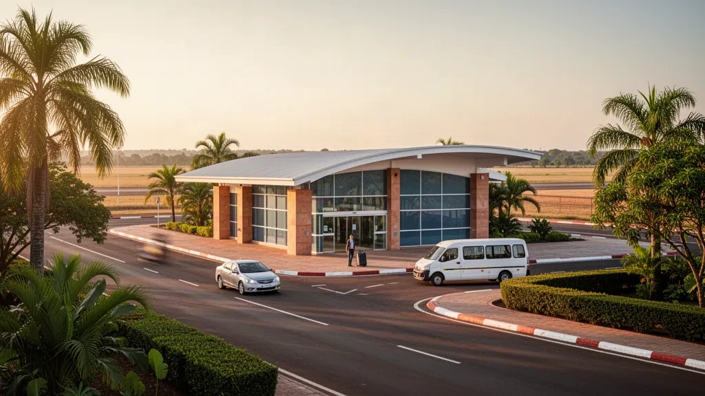 Golden-hour view of the Formosa National Airport terminal entrance in Argentina, with curved canopy, drop-off lane and subtropical greenery.
