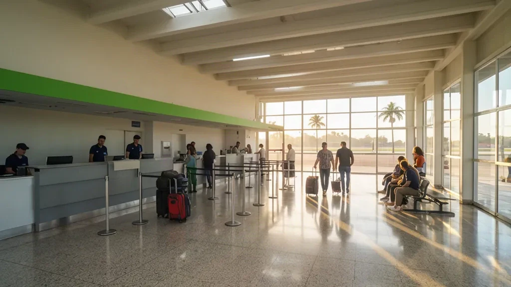 Bright interior of El Pucú Airport terminal in Formosa, Argentina, showing check-in counters and the departures concourse