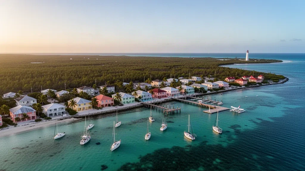 Bahamalar, Central Abaco'da altın saatte Marsh Harbour sahil şeridi ve turkuaz marinanın havadan görünümü