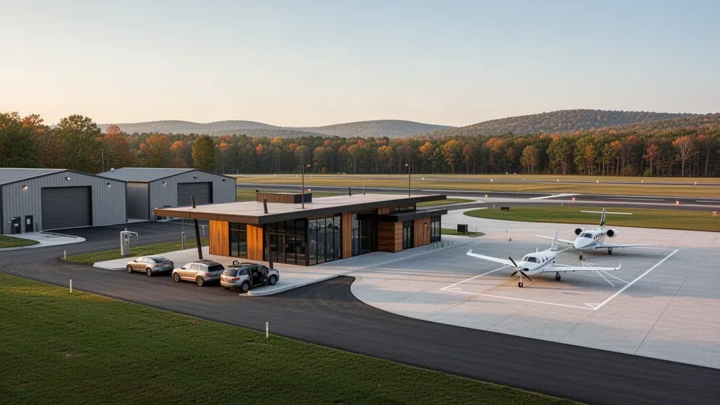 Fort Meade Executive Airport'ın modern terminali, hangarları ve Odenton, Maryland yakınlarındaki aprondaki hafif uçaklarının altın saat görünümü.