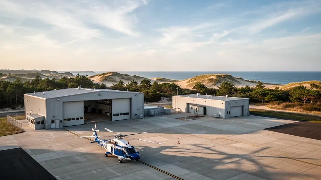 Cape Cod Coast Guard Air Station tarmac at golden hour with a rescue helicopter parked beside a hangar and coastal dunes beyond