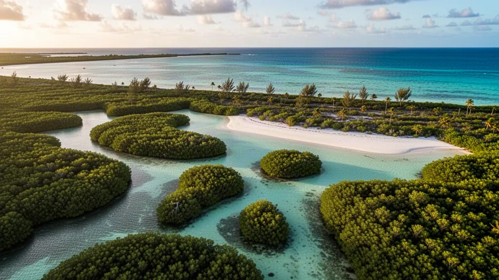 Vue aérienne de Mangrove Cay à Andros, aux Bahamas, avec une dense forêt de mangrove rencontrant des chenaux de marée turquoise et un banc de sable blanc