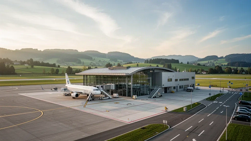 Terminal moderne en verre et tarmac de l'aéroport de Memmingen Allgäu en Bavière, avec un jet stationné et les voies d'accès à l'heure dorée