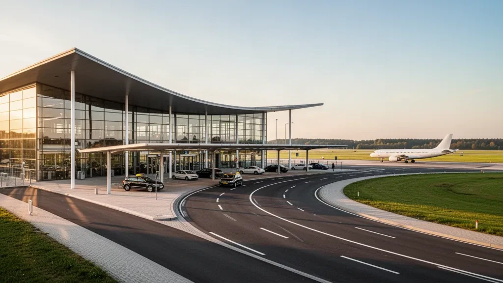 Modern glass terminal and kerbside drop-off zone at Münster Osnabrück Airport near Greven, Germany, at golden hour