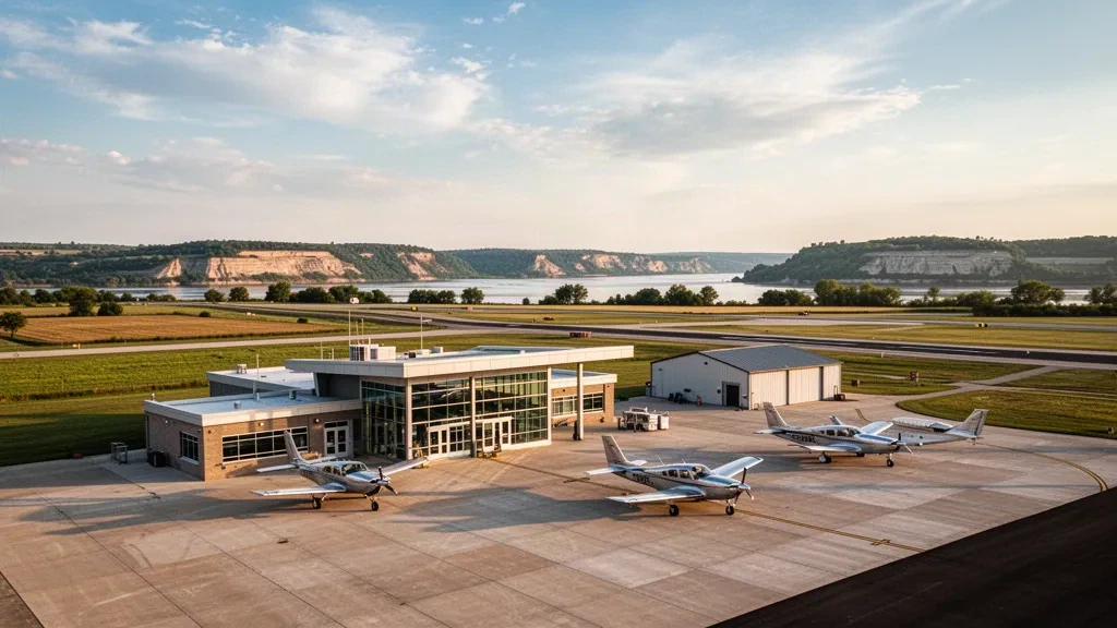 Terminal moderna y plataforma en el Aeropuerto Municipal de Fort Madison en Iowa, con aeronaves de aviación general y cielos despejados a la hora dorada.