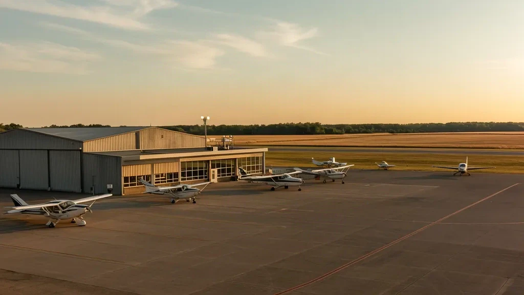 Terminal et aire de trafic de l'aéroport municipal de Fort Madison avec des aéronefs d'aviation générale stationnés à l'heure dorée dans l'Iowa.