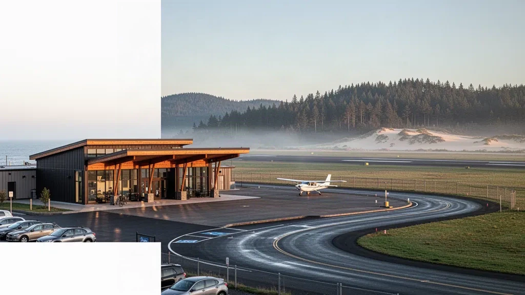 Small coastal general aviation terminal and runway at Florence Municipal Airport in Oregon on a misty morning, with parked aircraft and an access road