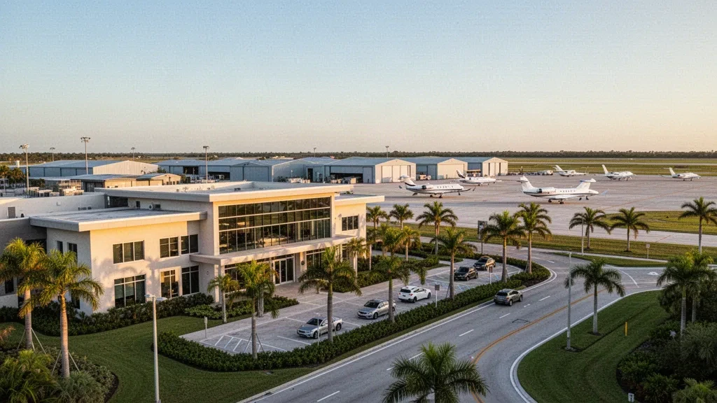 Golden-hour view of Page Field airport in Fort Myers, Florida, with business jets, hangars and palm-lined access roads