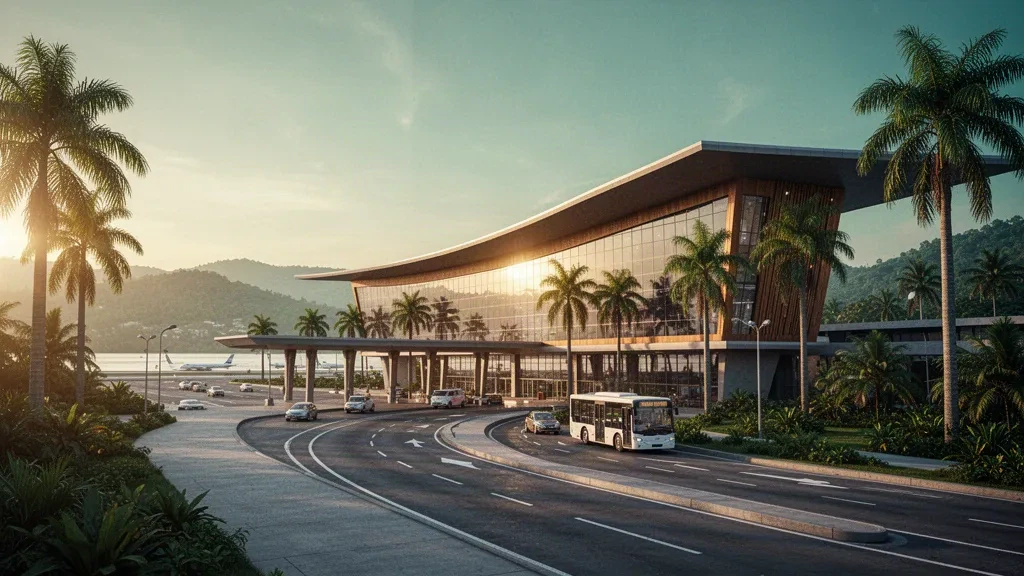 Moderne Glasfassade des Terminals am Flughafen Lungi International bei Freetown, Sierra Leone, leuchtend zur goldenen Stunde mit Palmen und einer geschwungenen Vorfahrtsspur
