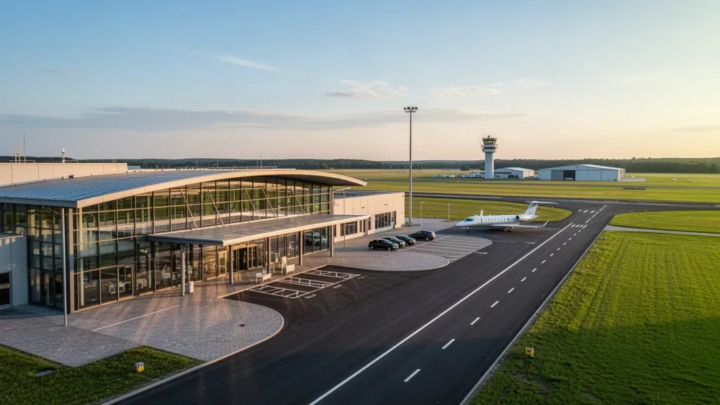 Modernes Glas-Terminal und Zufahrtsstraße am Flughafen Neubrandenburg Trollenhagen im Licht der goldenen Stunde.
