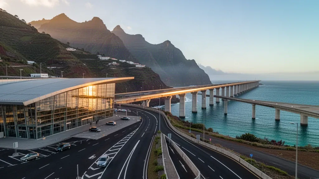 Madeira Havalimanı FNC'de Atlantik Okyanusu üzerinde modern cam terminal ve yükseltilmiş pist, altın ışıkta yeşil kayalıklarla çerçevelenmiş.