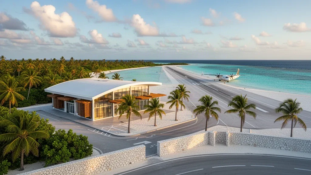 Terminal sull'isola tropicale dell'Aeroporto di Funadhoo nell'Atollo di Shaviyani, Maldive, accanto alle acque turchesi della laguna e alle palme