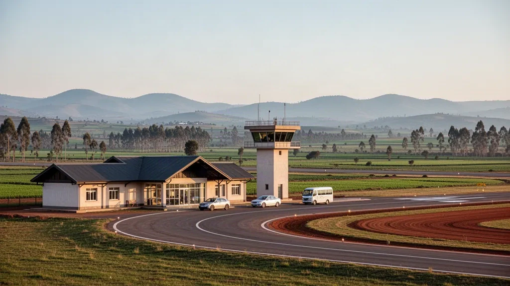 Kleines regionales Terminal und Startbahn am Flughafen Fincha im grünen äthiopischen Hochland bei sanftem Morgenlicht