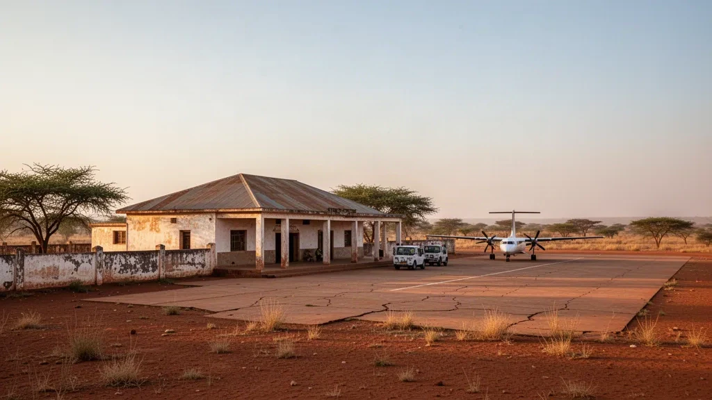 Burkina Faso'daki Fada N'Gourma Havalimanı'nda sıcak Sahel altın saat ışığı altında küçük bölgesel terminal ve apron