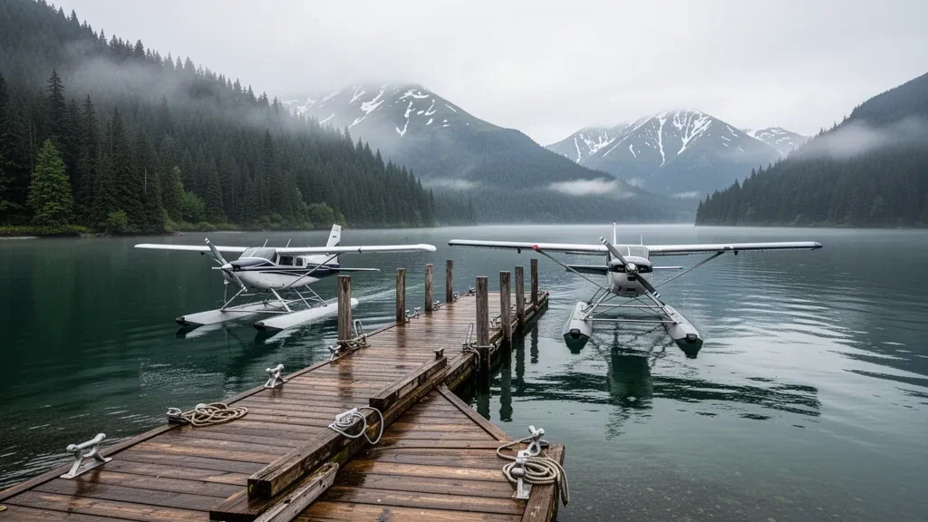 Hidroavión amarrado en un muelle de madera sobre aguas tranquilas en la base de hidroaviones de Funter Bay, con las montañosas y brumosas bosques de la isla Admiralty, Alaska, al fondo