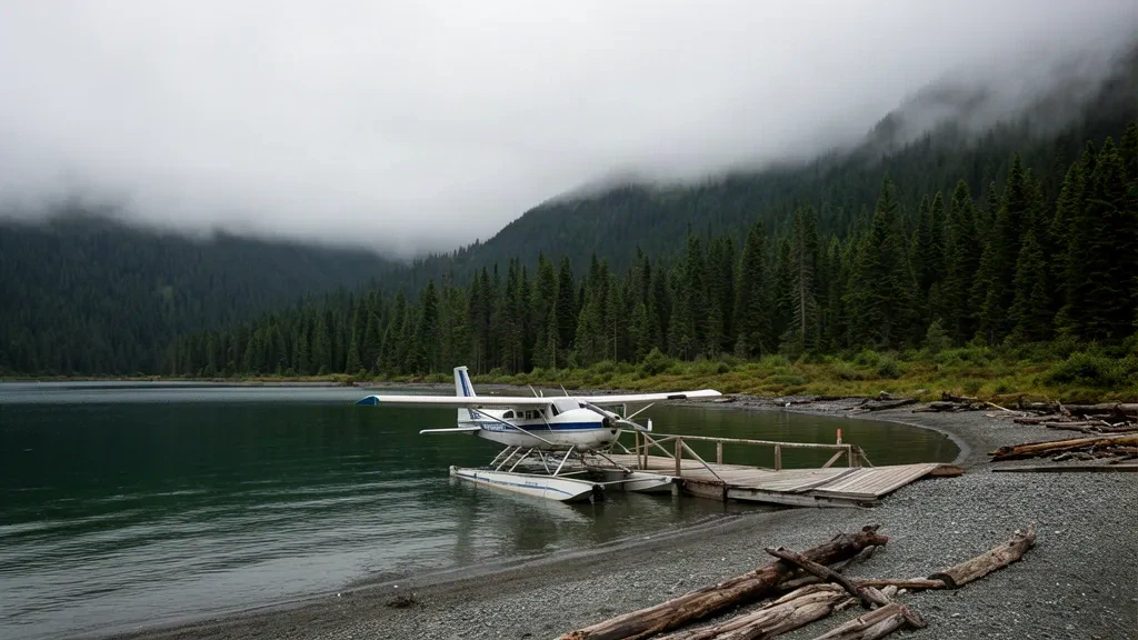 Hidroavión amarrado en un muelle de madera sobre aguas tranquilas de fiordo en la base de hidroaviones de Funter Bay, en la isla Admiralty, sureste de Alaska