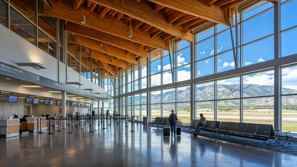 Intérieur moderne du terminal de l'aéroport régional du nord du Colorado avec vue sur les Rocheuses à travers de grandes fenêtres.