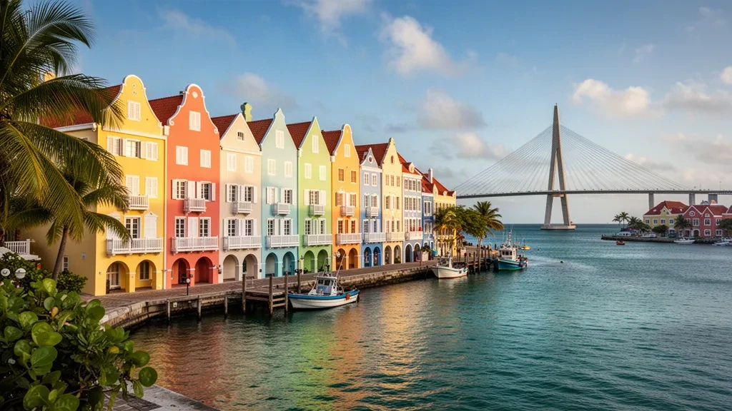 Maisons coloniales néerlandaises colorées le long du front de mer de la Handelskade à Willemstad, Curaçao, au bord de la baie turquoise de Sint Anna
