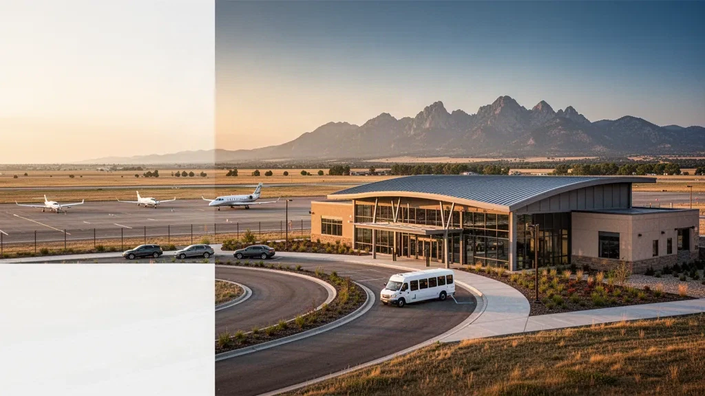 Loveland'daki Northern Colorado Regional Havaalanı'nda modern cam terminal ve bırakma alanı, arka planda Rocky Mountain Front Range