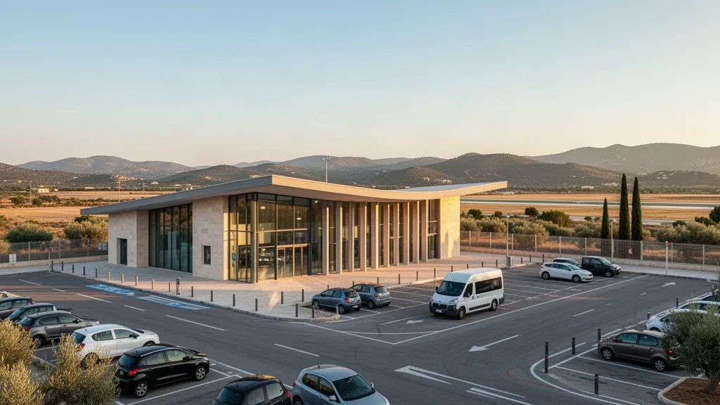 Terminal acristalada de baja altura y carril de descenso en el aeropuerto de Oristano-Fenosu, en Cerdeña, Italia, bajo una cálida luz dorada
