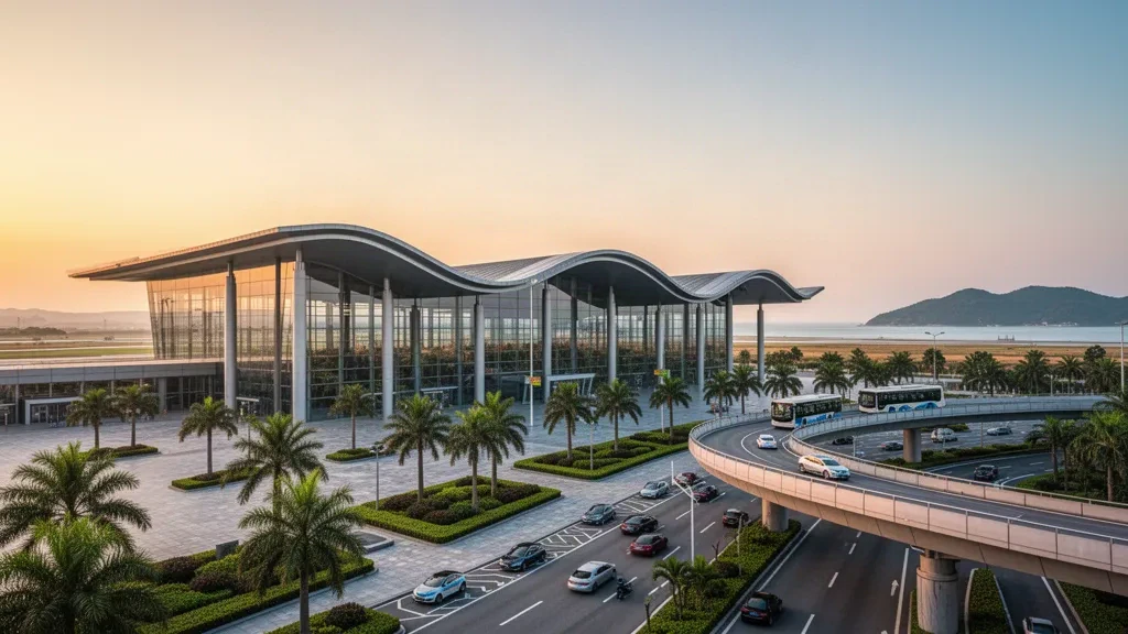 Modern glass terminal exterior at Fuzhou Changle International Airport with a wave-inspired roof and warm coastal golden-hour light.