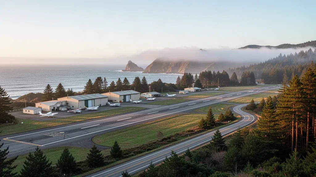 Piste côtière, petits hangars et pins à l'aéroport de Fort Bragg sur la côte de Mendocino en Californie, dans une brume matinale légère.