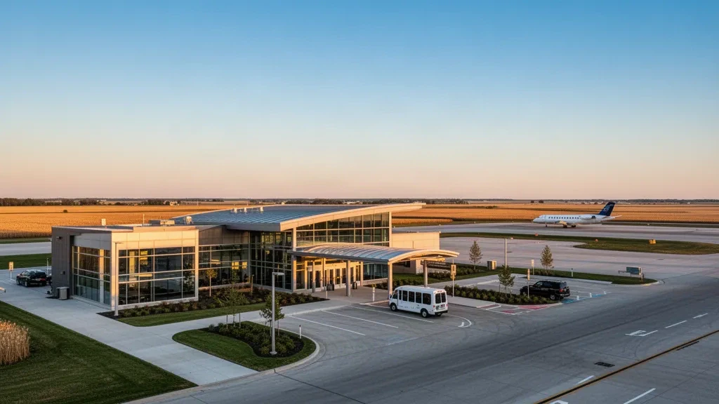 Iowa'daki Fort Dodge Regional Havalimanı'nda altın saatlerde modern cam terminal girişi ve yol kenarı bırakma şeridi