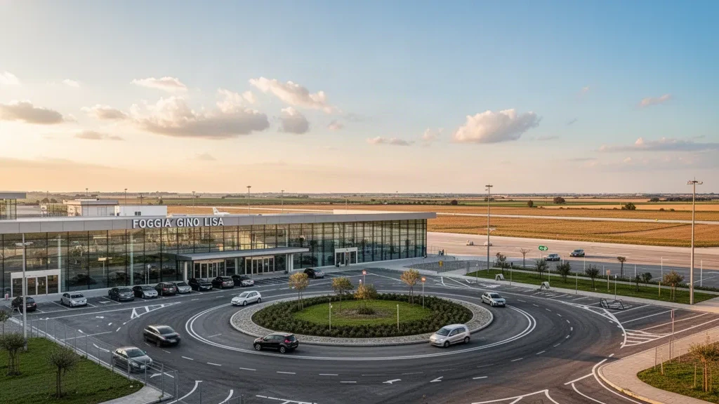 Modern glass terminal building at Foggia Gino Lisa Airport in Italy, with access roads and a clear sky, captured in warm sunlight.