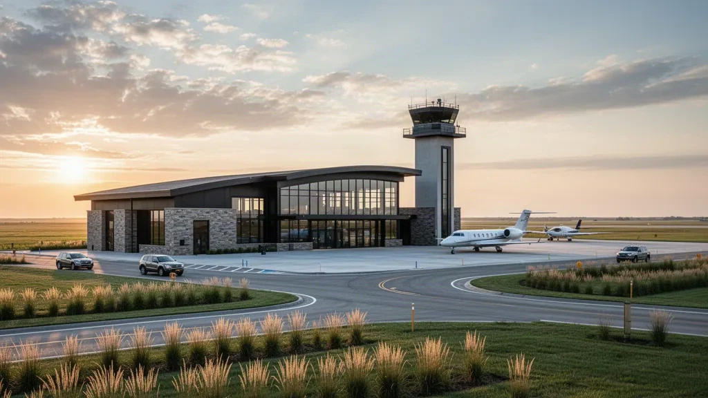 Terminal moderne en verre et tour de contrôle à l'aéroport régional de Topeka, au Kansas, sous un ciel de prairie à l'heure dorée