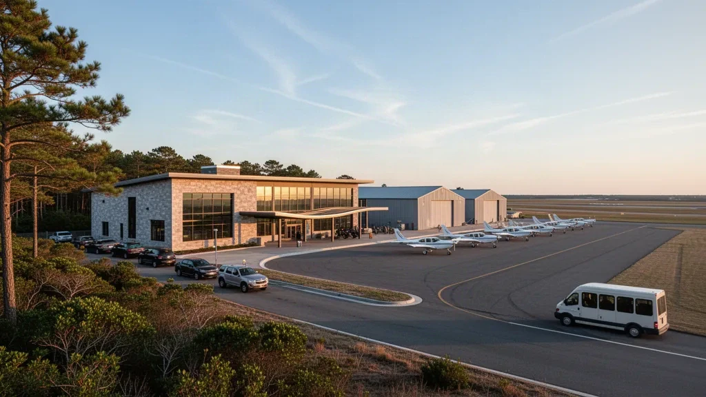 Terminal de faible hauteur et aire d'aviation générale à l'aéroport Francis S. Gabreski à Westhampton Beach, New York, dans une lumière chaude de fin de journée.