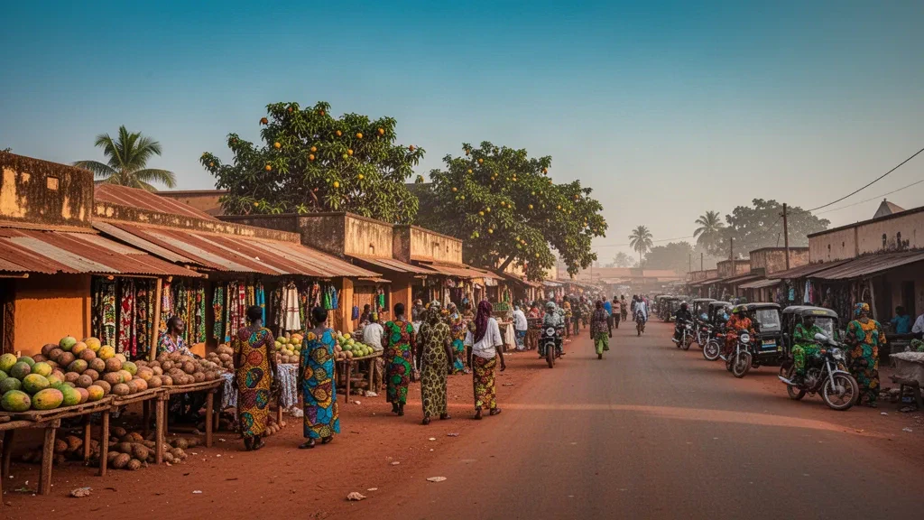 Strada del mercato centrale affollata a Parakou, Dipartimento del Borgou, Benin settentrionale, con commercianti, taxi moto ed edifici ocra nella calda luce pomeridiana