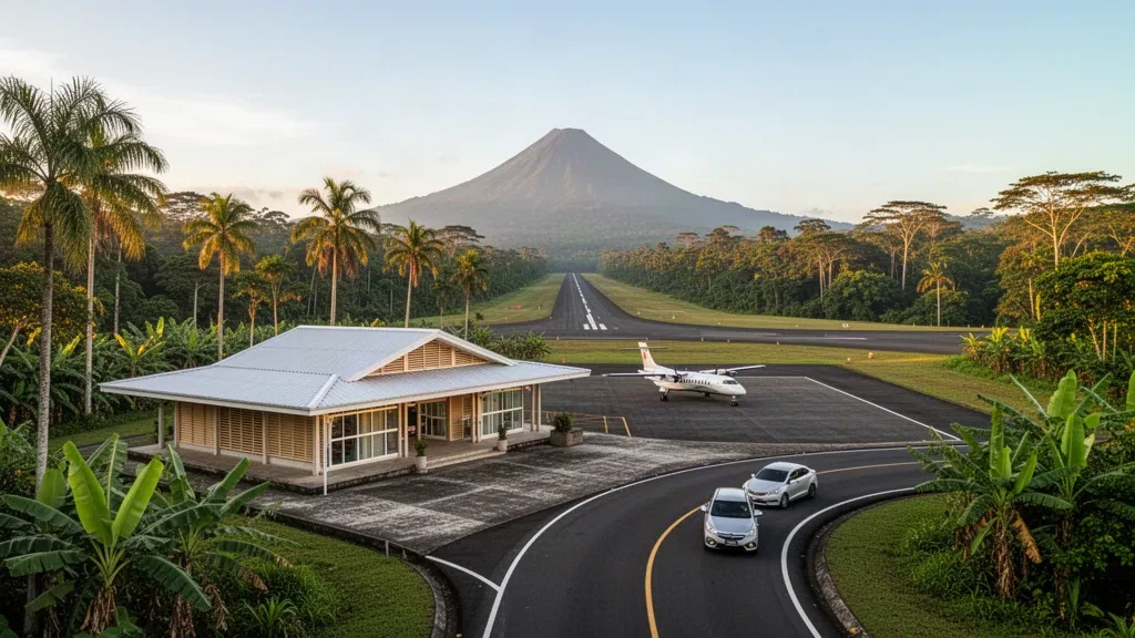 Small tropical terminal and runway at La Fortuna Arenal Airport in Costa Rica, framed by rainforest greenery and a distant volcano