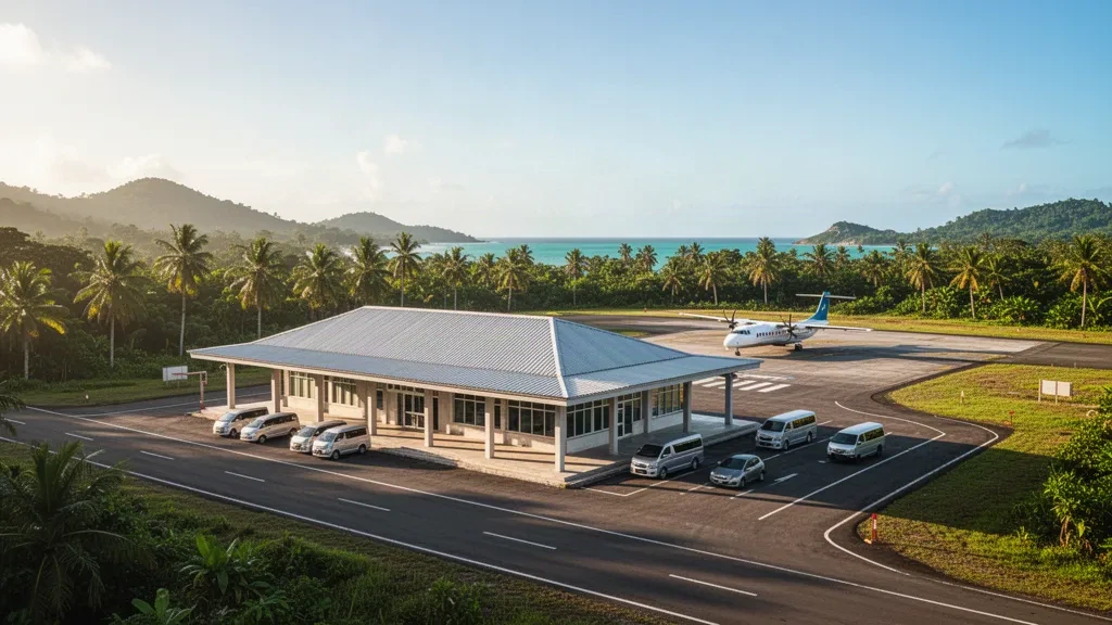 Small tropical terminal, apron and turboprop aircraft at Kornasoren Airport on Numfor Island, Papua, in warm late-afternoon light