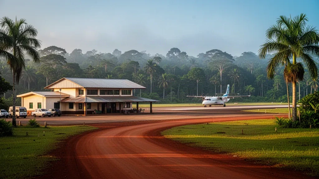 Kleines tropisches Terminal, Vorfeld und abgestellte Regionalflugzeuge am Flughafen Fougamou in Gabun, umgeben von Regenwald zur goldenen Stunde