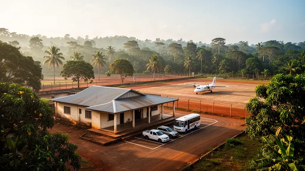 Small rural terminal and apron at Foya Airport in Lofa County, Liberia, ringed by tropical forest in warm golden light.