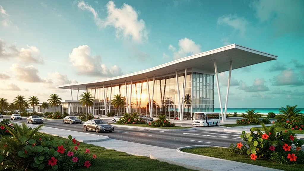 Extérieur moderne du terminal vitré de l'aéroport international Grand Bahama à Freeport, avec des palmiers et une voie de dépose devant l'entrée à l'heure dorée