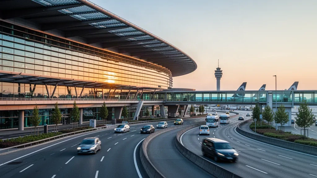Exterior moderno de terminal de cristal en el Aeropuerto de Frankfurt con techo curvo y carriles de descenso a la hora dorada