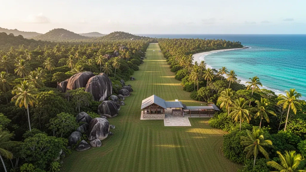Vue aérienne de la piste en herbe tropicale de l'île de Frégate, aux Seychelles, encadrée par des blocs de granit, des palmiers et l'océan turquoise.