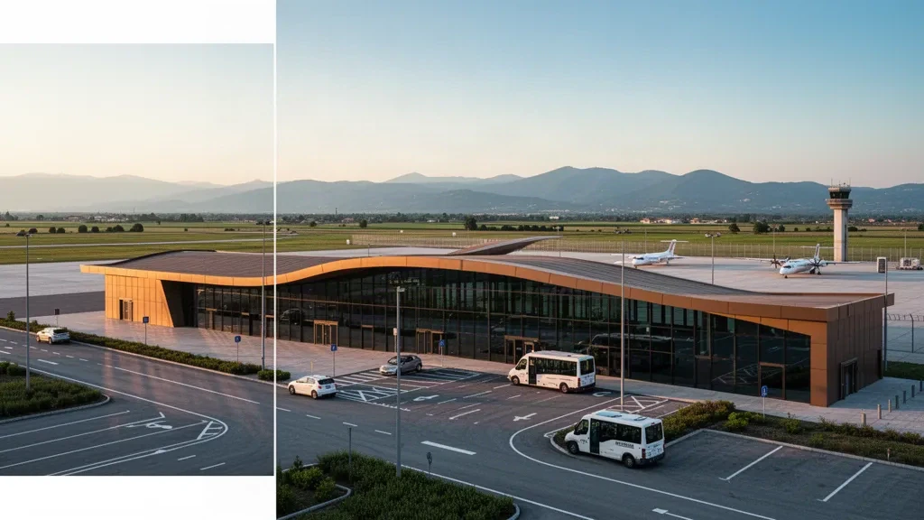 Forlì-Luigi Ridolfi Uluslararası Havalimanı'nda apron üzerinde uçak ve altın saatlerde Apenin tepeleriyle modern cam terminal