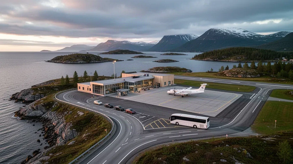 Küstenterminal, Vorfeld und Startbahn am Flughafen Florø in Vestland, Norwegen, umrahmt von Insel Landschaft und ruhigem Fjordwasser
