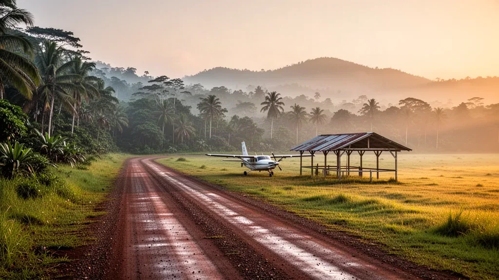Pista de aterrizaje tropical remota en el aeropuerto de Feramin, en Papúa Nueva Guinea, rodeada de selva densa con una pequeña aeronave junto a un refugio sencillo