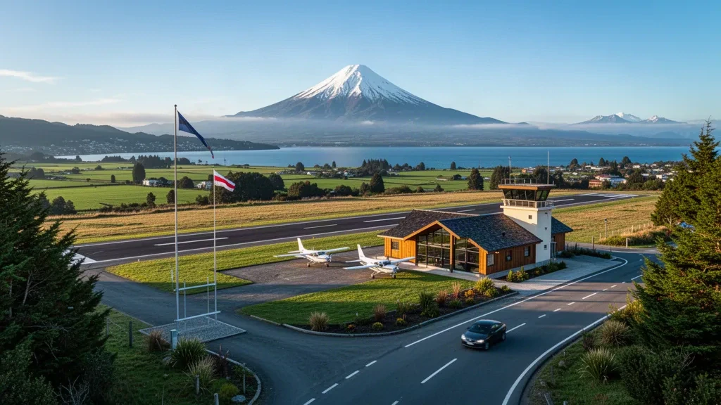 El Avellano Airport near Frutillar, Chile, with a small runway, light aircraft and snow-capped Osorno volcano at dawn