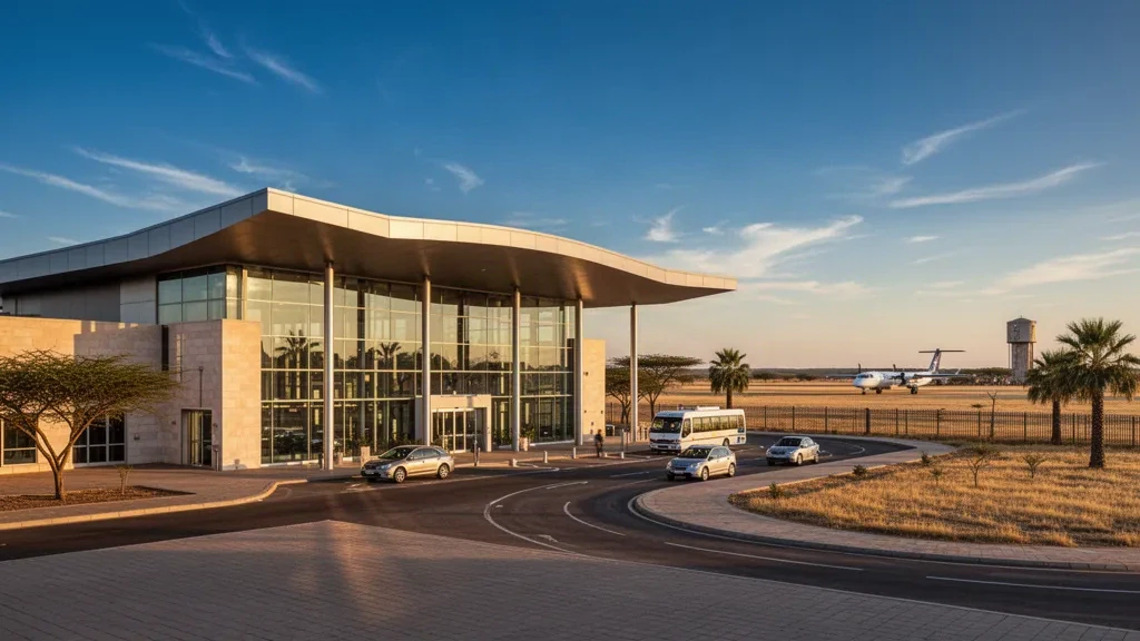 Modern glass terminal exterior at Phillip Gaonwe Matante International Airport in Francistown, Botswana, at golden hour with drop-off lanes