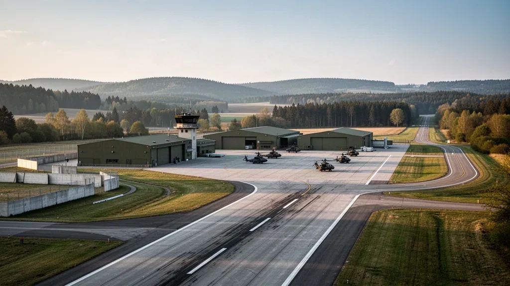 Runway, hangars and control tower at Fritzlar Army Airfield in Hesse, Germany, with parked military helicopters in soft late-afternoon light