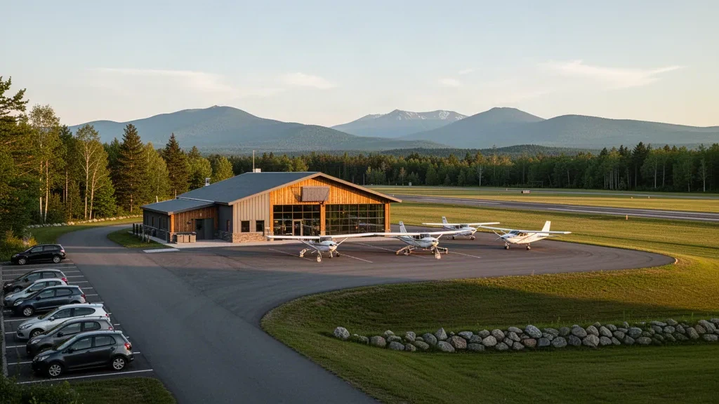 Piccolo terminal per aviazione generale e piazzale aereo all'Aeroporto Eastern Slopes Regional di Fryeburg, Maine, circondato da colline boscose durante l'ora d'oro.