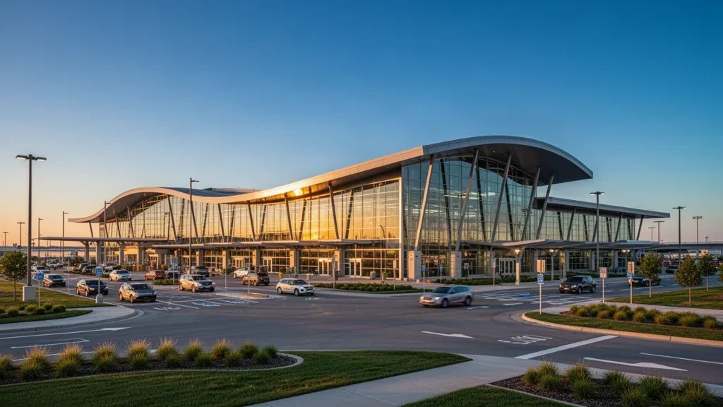 Exterior moderno de cristal de la terminal del aeropuerto regional de Sioux Falls a la hora dorada, con vías de acceso y carriles para dejar pasajeros, fotografía de viajes profesional.