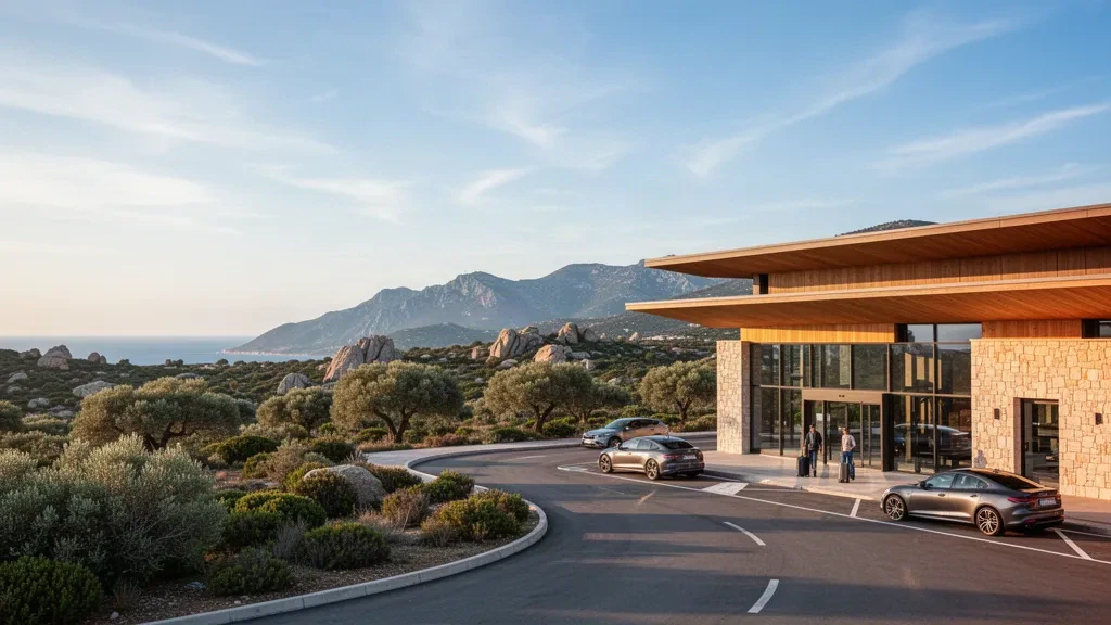 Esterno del terminal dell'Aeroporto di Figari Sud-Corse nel sud della Corsica, circondato dalla macchia mediterranea nell'ora dorata.