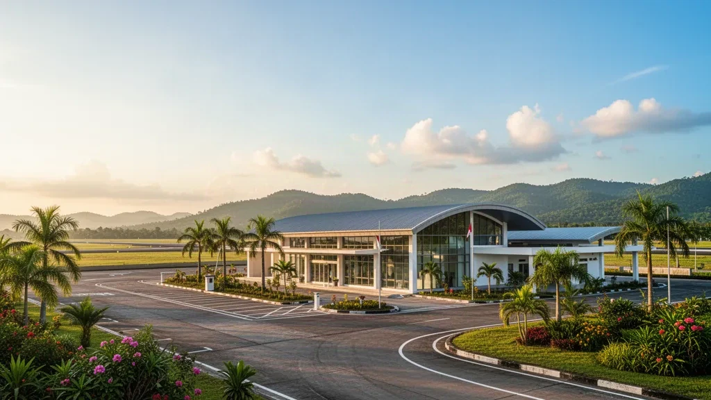 Exterior view of Syekh Hamzah Fansyuri Airport terminal in Singkil, Aceh, Indonesia, with tropical landscaping and a clear sky.